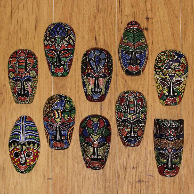 Things2Die4 Set of 10 Colorful Hand Carved Tropical Island Dot Painted Tribal Masks 6 1/2 Inches High Wall Hangings - Image 4